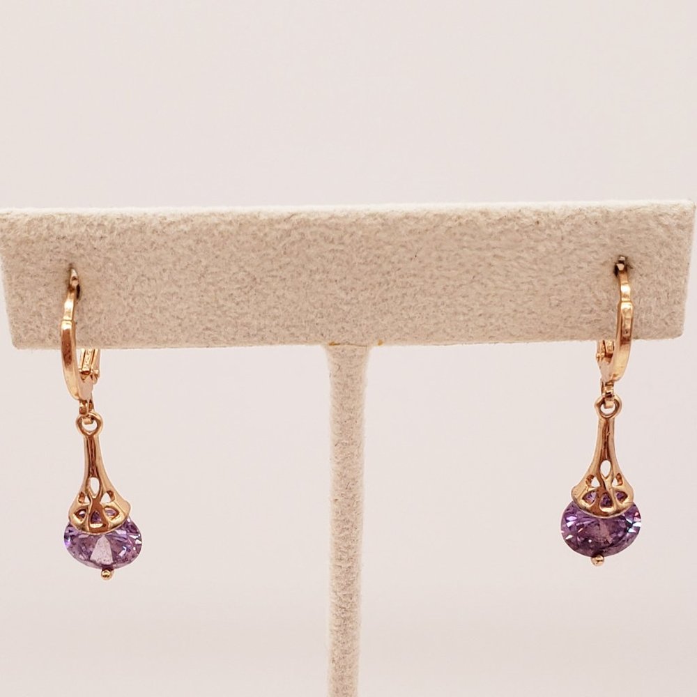 Glamourous Petite Purple Zirconia Gold Tone  Dangle  Drop Earrings.